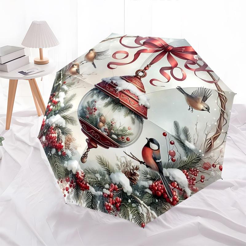 1pc Christmas Wreath with Snowy Berries and Birds, Automatic Opening Umbrella, Portable 3-Fold Design, 8-Bone Iron Frame Outdoor Umbrella, Festive Gif