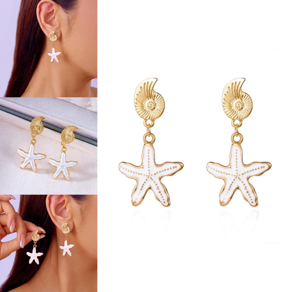 Ocean Theme Alloy Earrings With Starfish And Shell Motif For Women Vacation Fashion