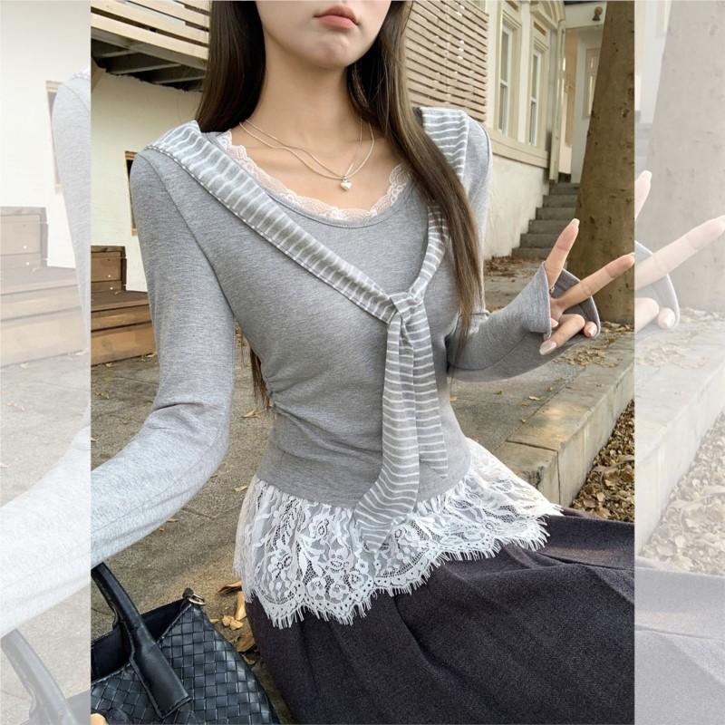Johnature Korean Striped Shawl Faux Two-piece Long-sleeve T-shirt For Women Autumn Navy Collar Lace Fitted Top Render T-shirts
