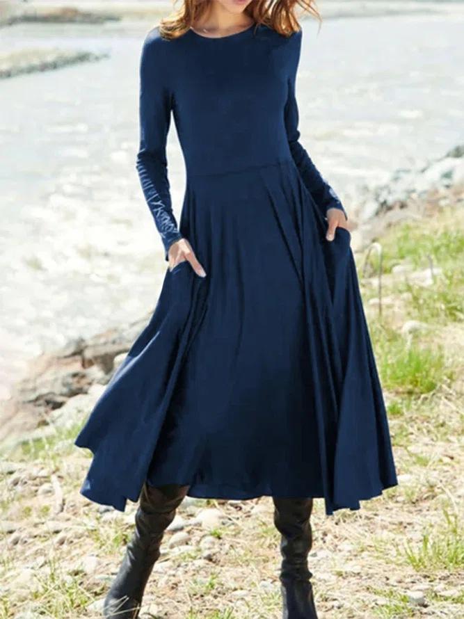 Women'S New European And American Wish Long-Sleeved Crew Neck Solid Color Long Women'S Dress
