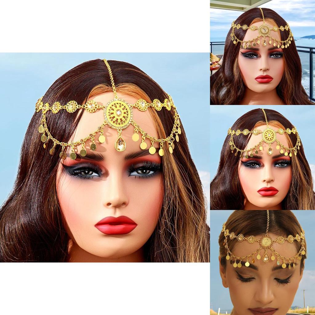 Arab Bridal Headpiece Gold Alloy Crystal Embellished Dangle Head Chain For Wedding And Gift