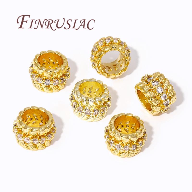 18K Gold Plated Brass Zircon Spacer Beads Accessories For Bracelet,Big Hole Bead,Metal Beads Separators For Jewelry DIY Fittings