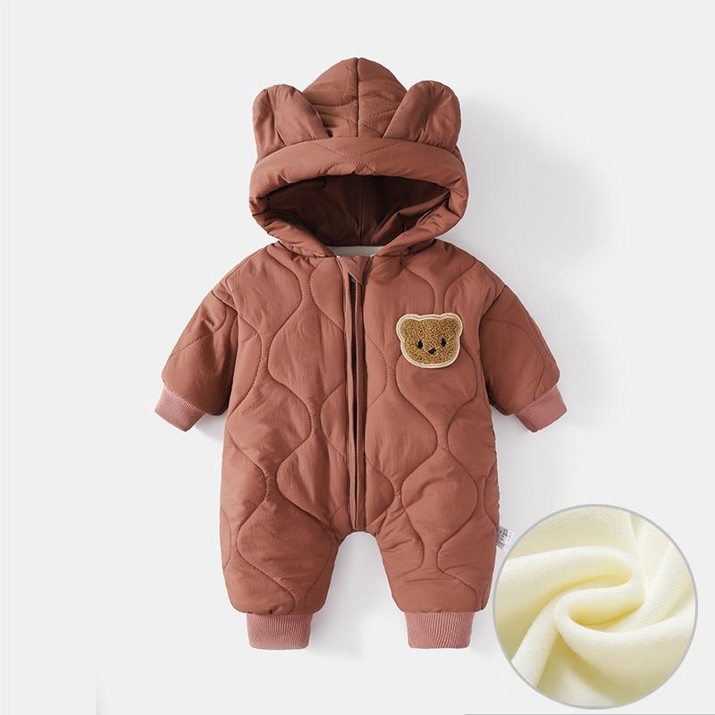 

Осень Зима 2025 Комбинезоны с капюшоном для младенцев и новорожденных, флисовая подкладка, мультяшный цельный уличный наряд для мальчиков и девочек 73 коричневый