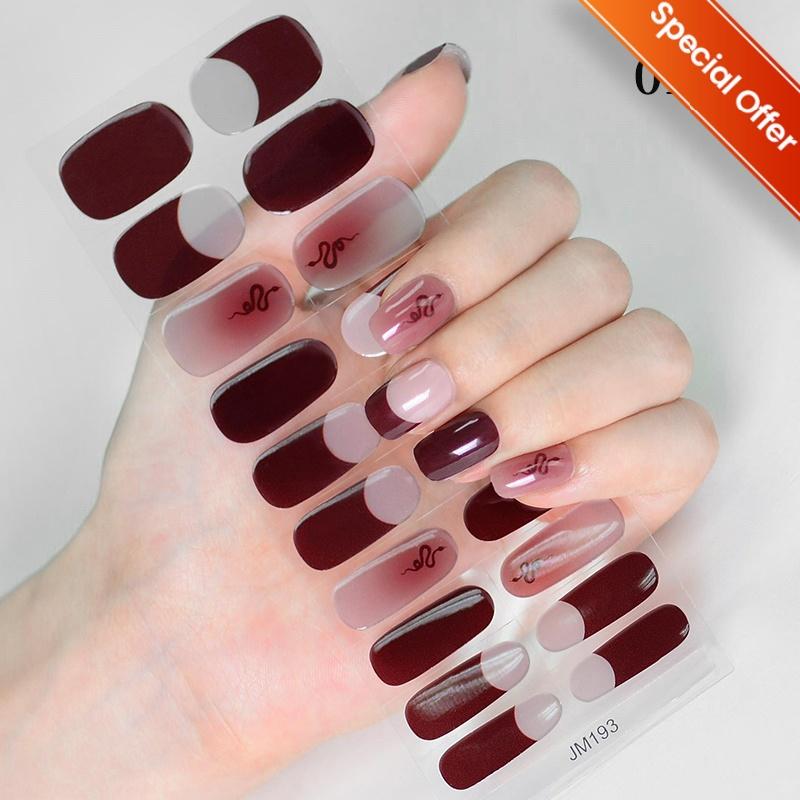 20Tips Gradient French Semi-cured Gel Nail Sticker UV Lamp Needed Full Cover Nail Gel Polish Wraps Manicure Press On Nails Decal