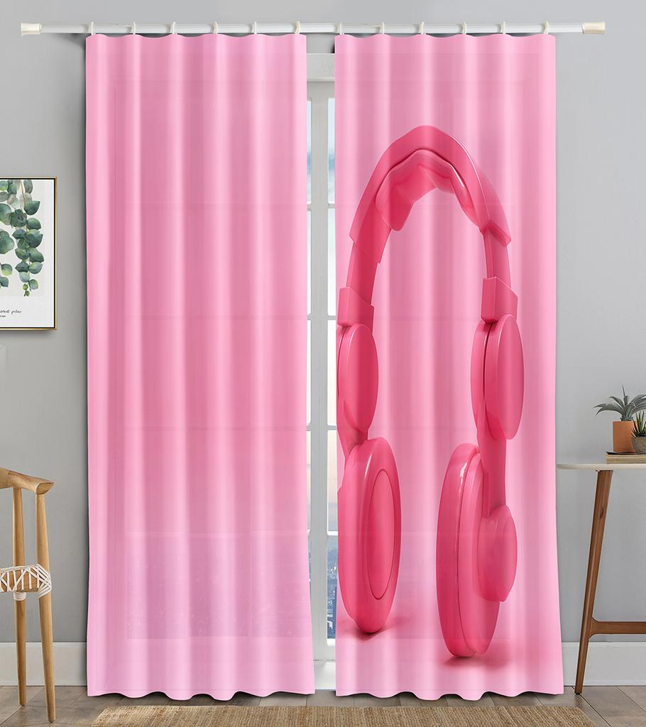 Earphone Music Red Heart Pink WaveBlackout Window Curtain for Living Room Bedroom Bathroom Kicthen Door Cupboard Decor Hooks