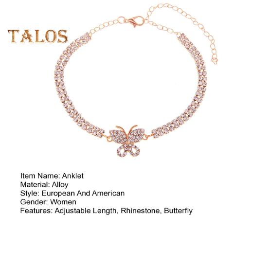 Women Anklet Double-layered Shiny Rhinestone Adjustable Length Butterfly Ankle Decoration Jewelry Party Beach Daily Ankle Chain Anniversary Birthday