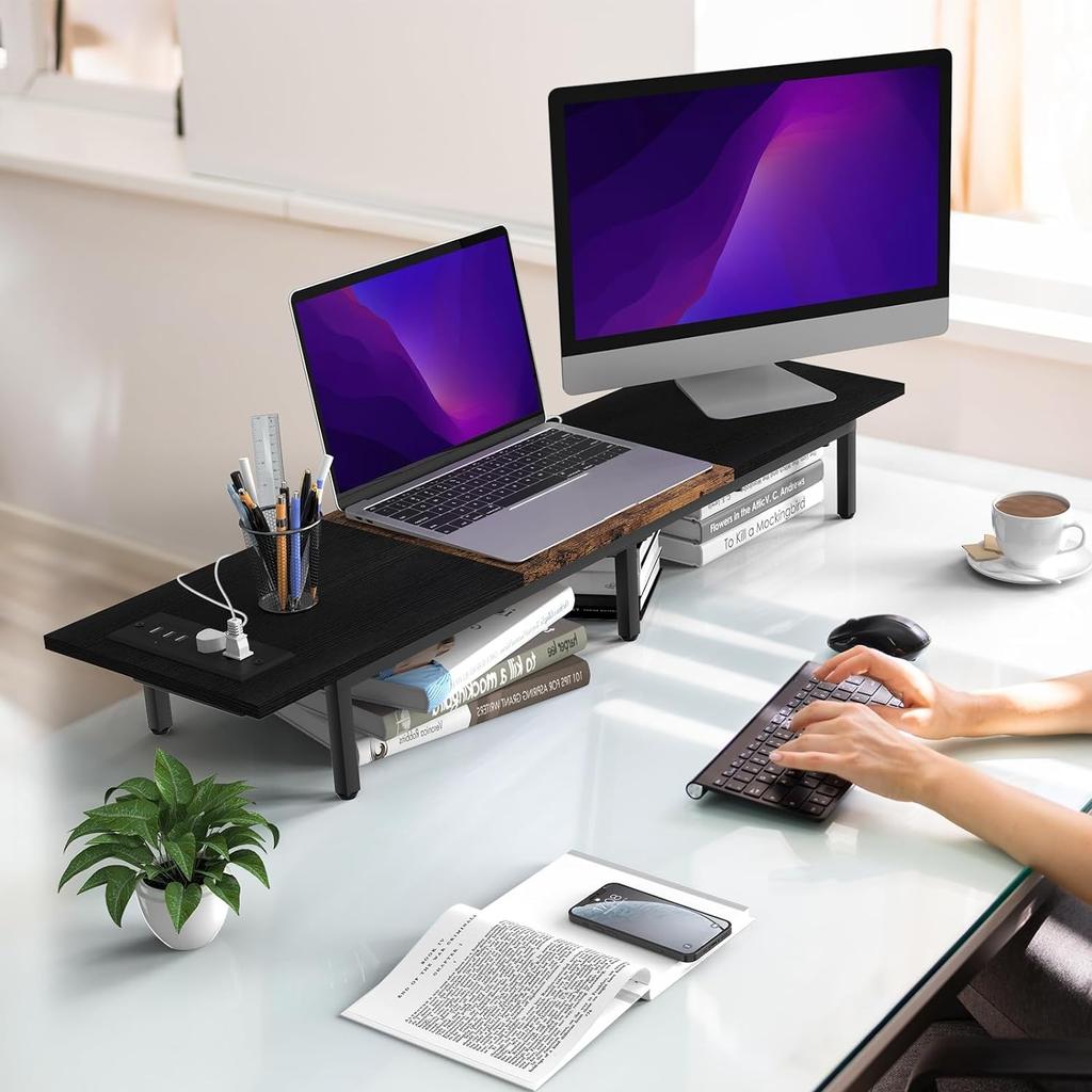 Monitor Stand for 2 Monitors Long Monitor Riser with USB Ports Wood Desktop Computer Riser Monitor Shelf Holder Stand