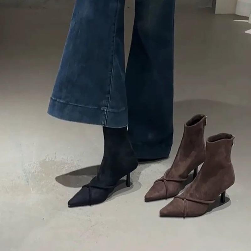 Vintage Dámské Kotníkové Boty Módní Špičatá Špička Tenké Vysoké Podpatky Boty Párty Ples Elastické Štíhlé Boty Pro Ženy Nové