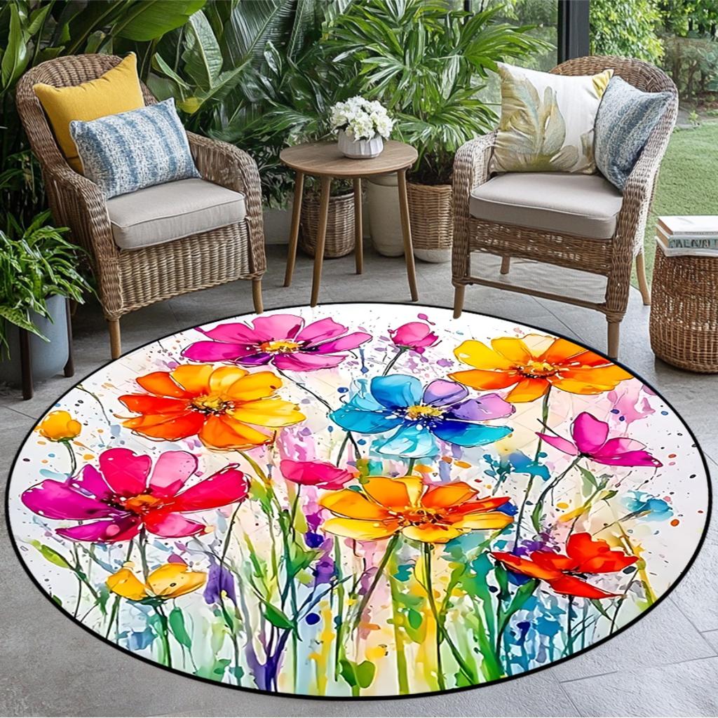 Lebendige Aquarellblumen Runder Teppich Außenbereich Terrasse Veranda Dekor Flanell-Stil Wetterfest Rutschfest Gartenbodenmatte Sommer-Vibes
