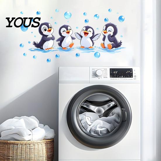 Easy Peel Wall Stickers Penguin Decals, Cute 4 Happy Penguins Bathing Decor, Self Adhesive Water Vapor Resistant Removable for Bathroom,