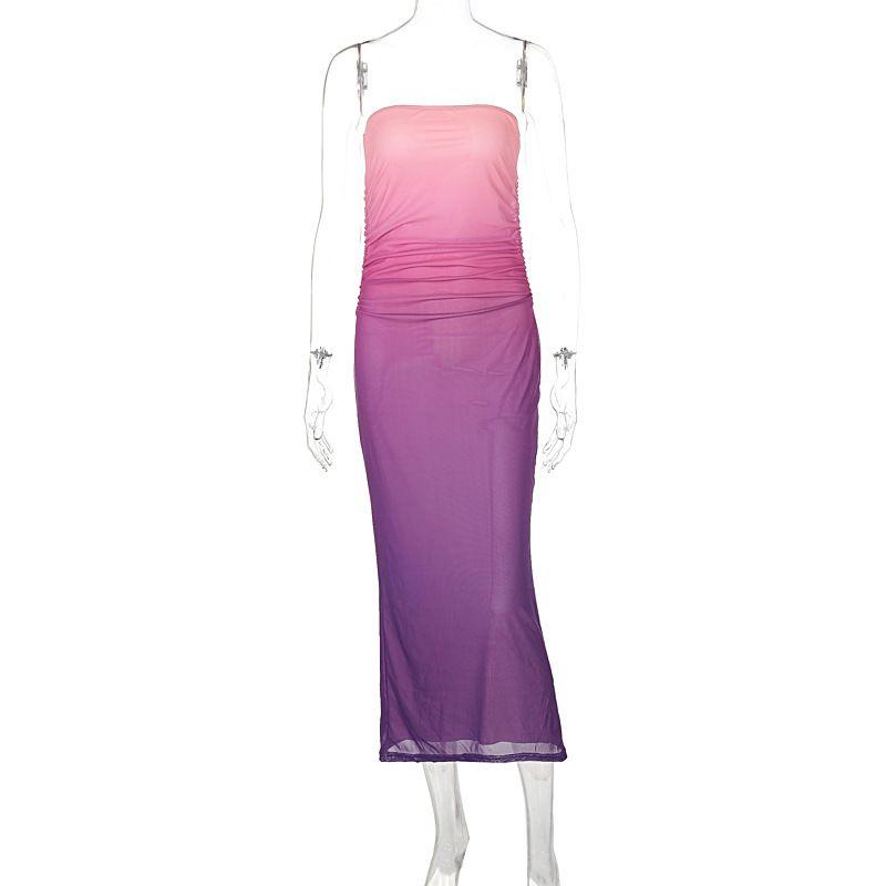 Western Style Women Clothes 2024 Summer New Fashion Wrap-around Gyaru Slim Fit Gradient Color Dress Double Layer