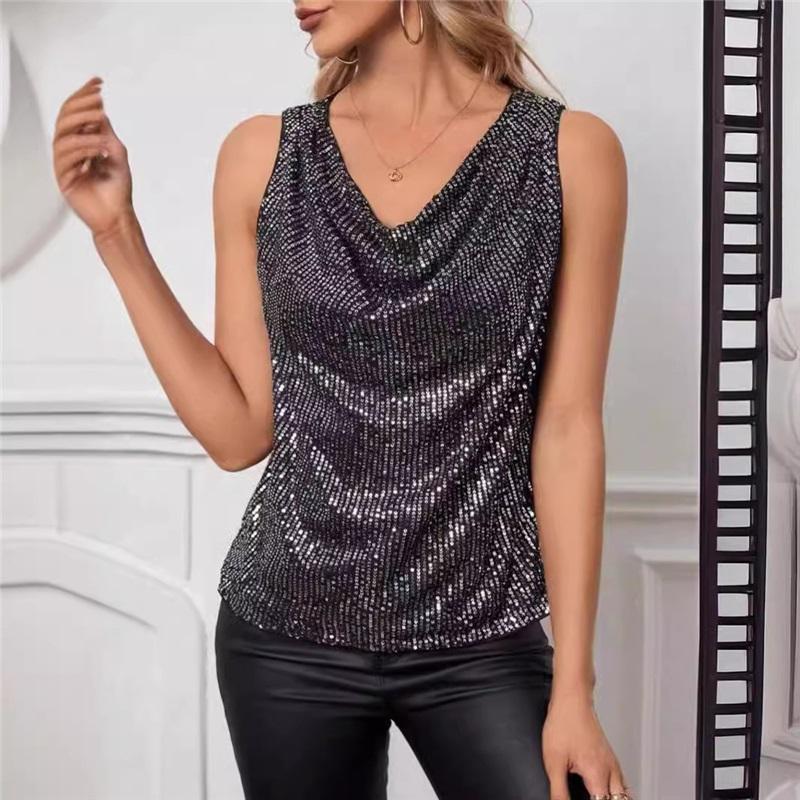 Trendy European And American Sexy V Neck Strapless Sequin Loose Short Pullover Top Women Tank Top Stylish Blouse
