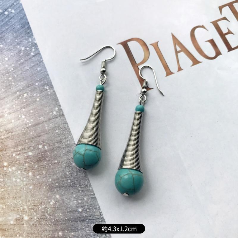 Temperament Retro Turquoise Earrings, Ancient Silver Water Drop Fringed Earrings, Women's Versatile Long Ear Jewelry
