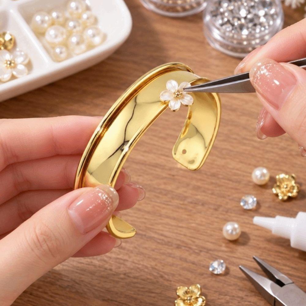 18K Genuine Gold Wide Concave Groove DIY Bracelet Smooth Simple Bracelet Base for Women