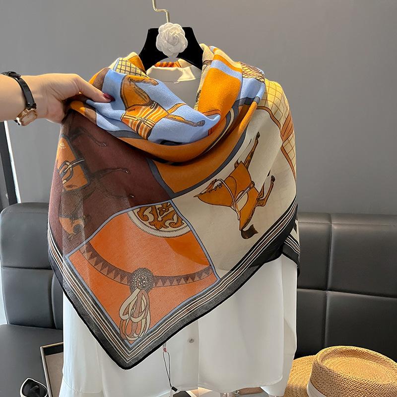 New fashion printed cotton and linen texture scarf Korean version versatile fashion horse silk scarf autumn and winter scarf autumn and winter long 180*90CM
