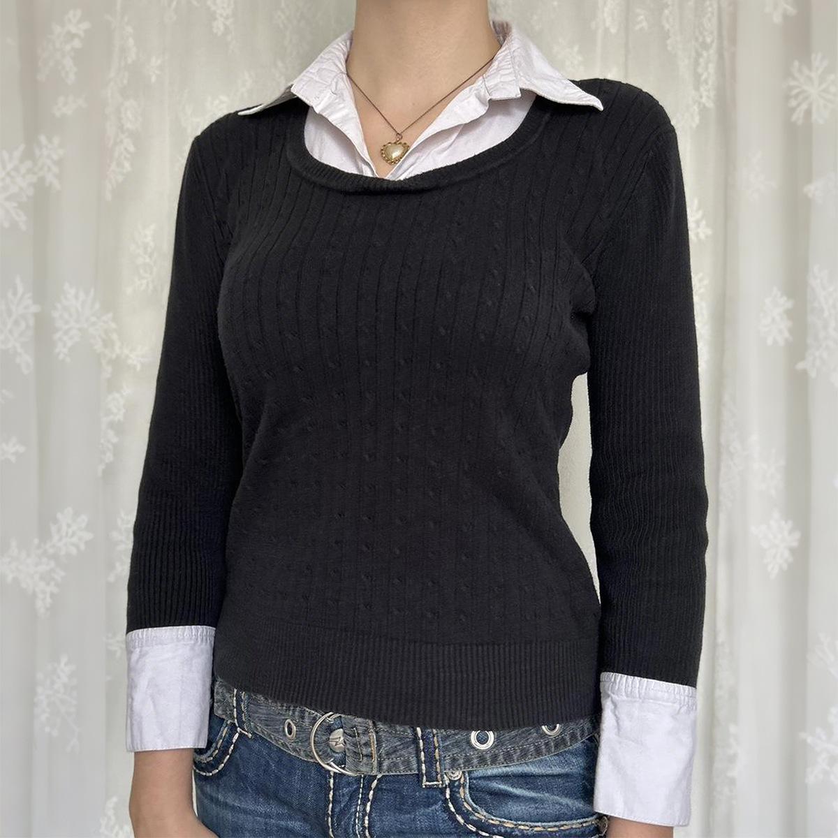 

Женский осенний Y2K свитер-пуловер с жаккардовым узором, приталенный, с длинным рукавом, с лацканами, имитация двойки S чёрный