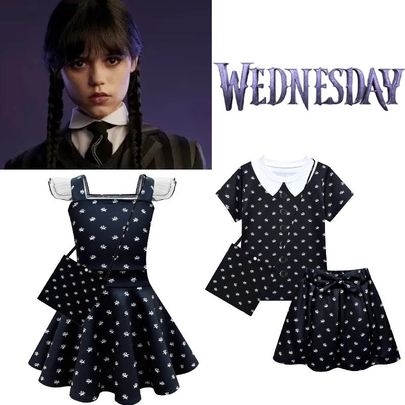 Mercredi Addams Cosplay Costume Robe Noire Pour Fête d'Halloween