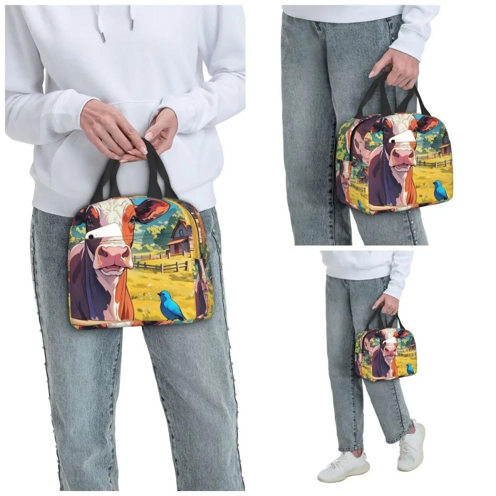 Cute Cow Fence Flower Pattern Insulated Lunch Bag for Kids School Cooler Thermal Food Box Tote Portable Lunch Boxes Container