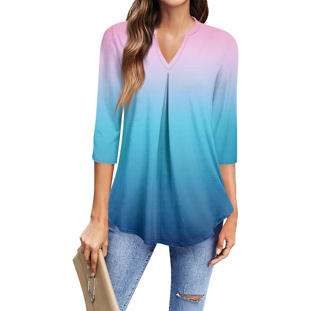 Women's Fashion Casual Three-Quarter Sleeve T-Shirt Printed V-Neck Top