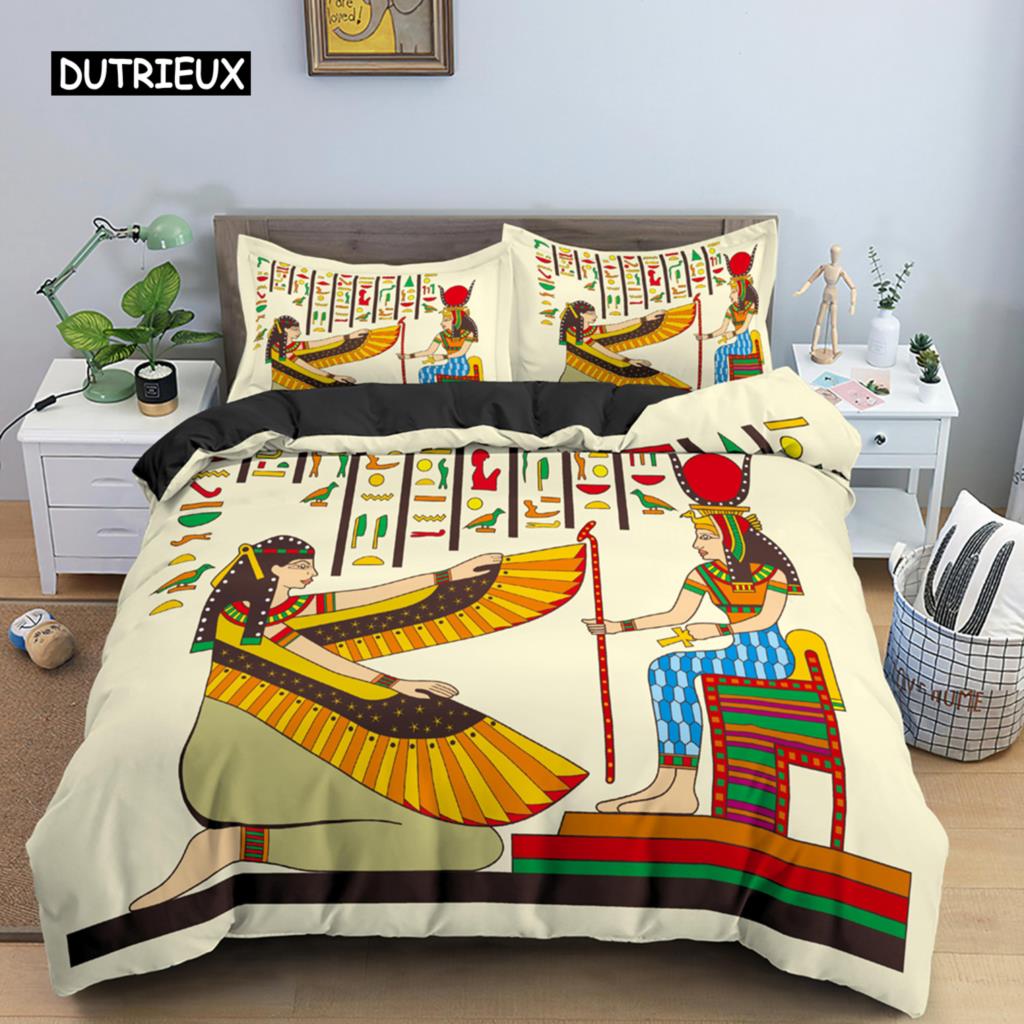 Ancient Egypt Duvet Cover Set Egyptian Symbol Bedding Set Vintage Pharaoh Pyramid Boho Tribal Polyester Quilt Cover 2/3pcs Queen