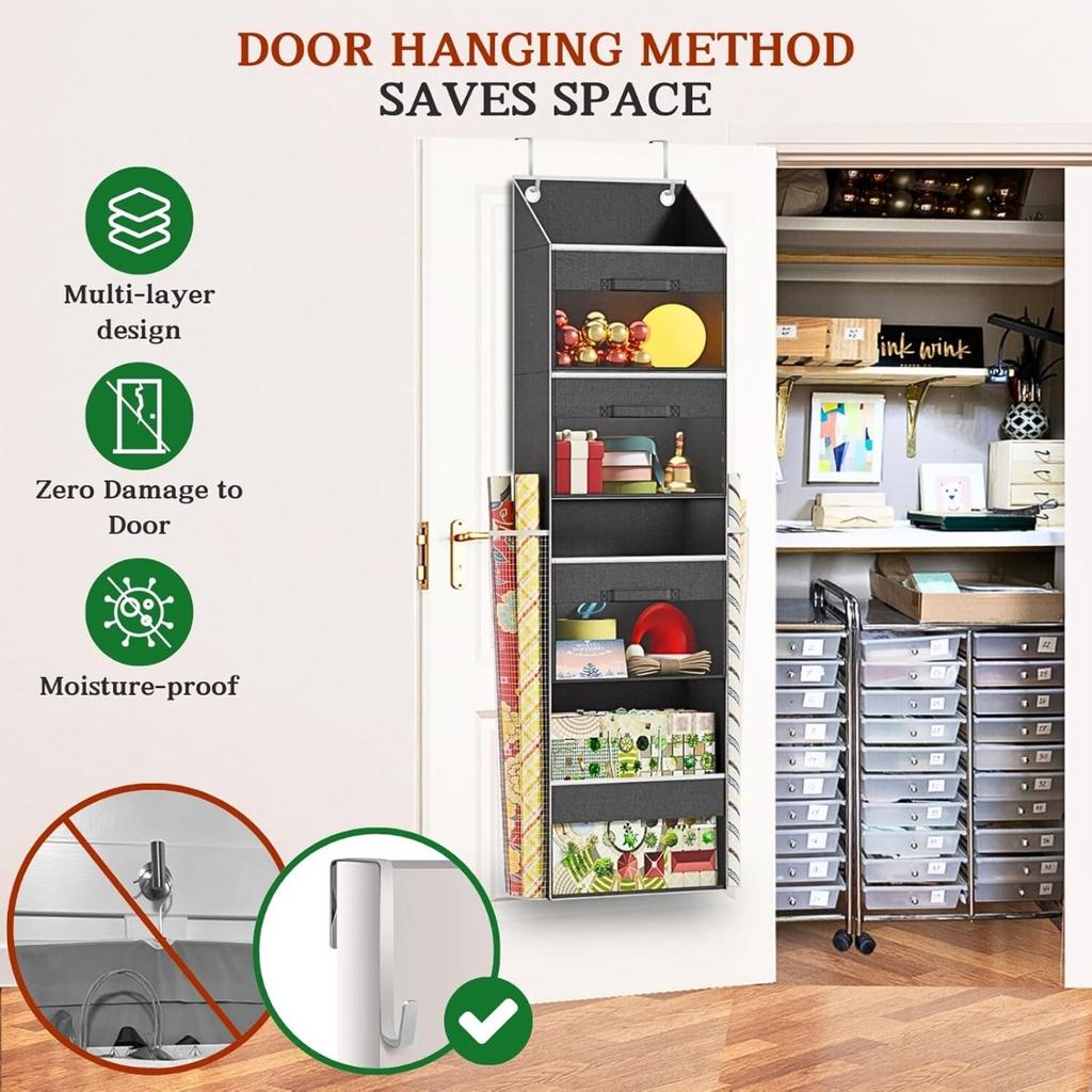 Door Hanging Gift Wrapping Paper Organizer Removable Drawer Side Pocket Storage Bag for Christmas Ribbons, Bows, Ornament