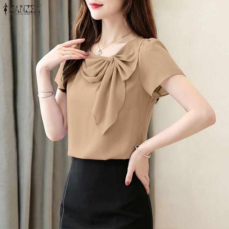 ZANZEA Women Elegant Round Neck Casual Short Sleeve Blouse