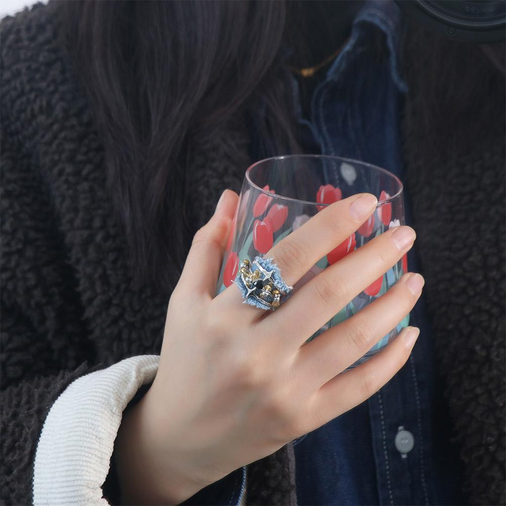 Three Layer Denim Rings Heart Metal Beaded Rings Creative Y2K Opening Rings Music Festival