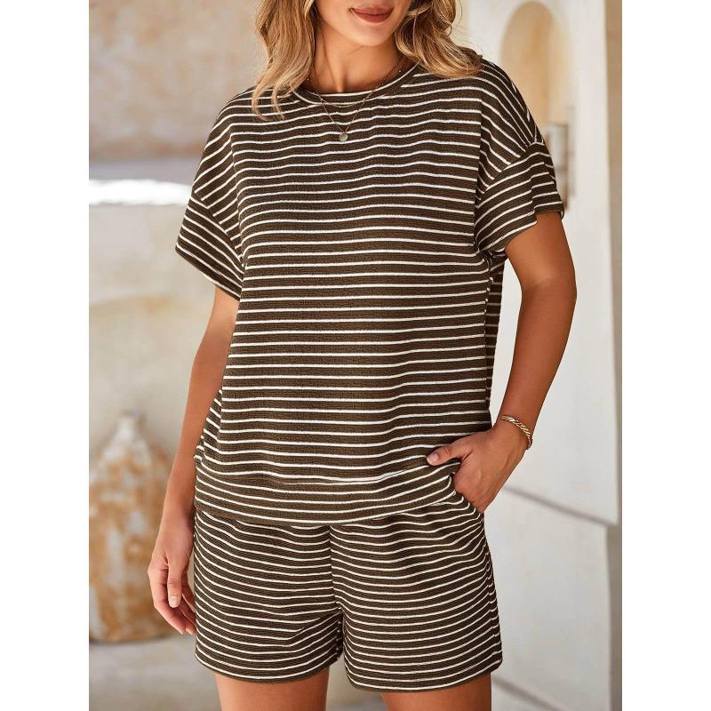 Women 2 Piece Casual Set, Striped Short Sleeve T-shirt and Drawstring Shorts, Fashion Daily Matching Outfit