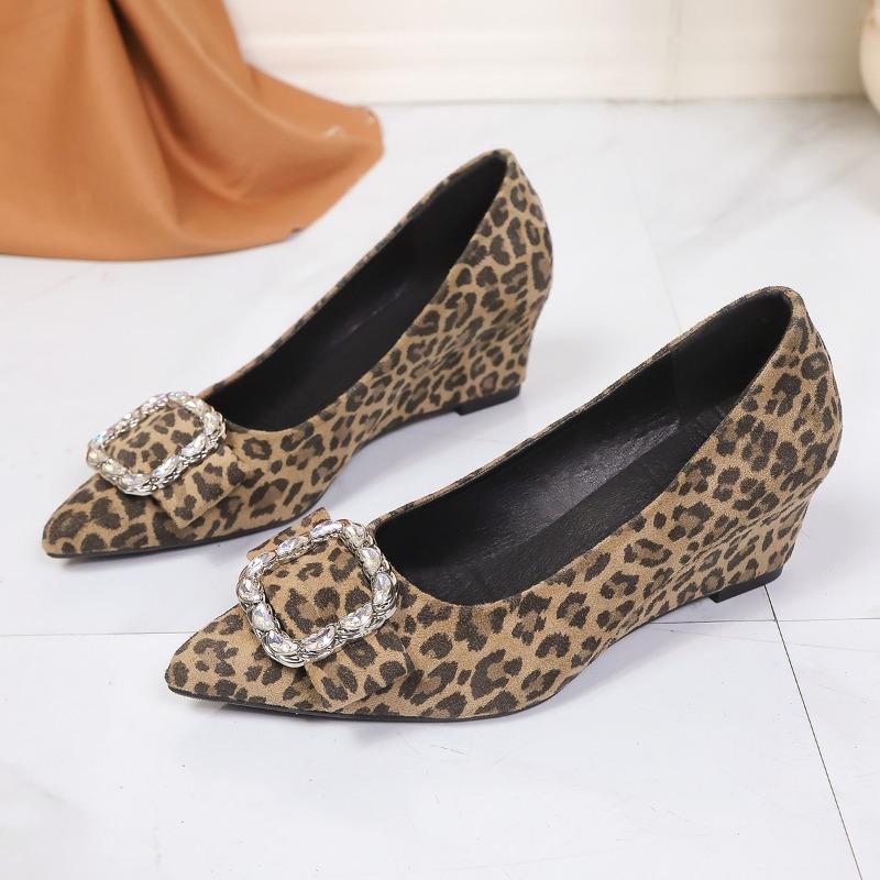 Single Shoes Fashion Pointed Toe Shallow Rhinestone Button Slip-On Leopard Print Wedge Heels