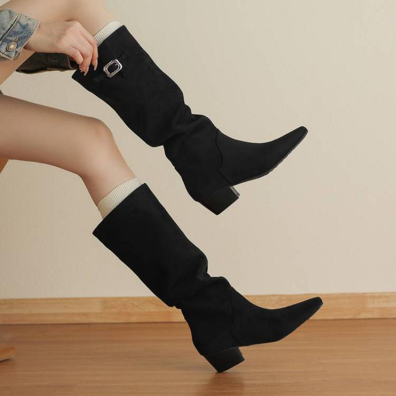 Autumn and Winter Women's Martin Boots Solid Color Leather Large Size Women's Boots Medium Heel Non-slip Rubber Sole Square Heel New High Boots