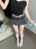 Gray Low Waist A-Line Pleated Midi Skirt for Women, Korean Style 2025 Summer Fashion, Versatile and Slimming Mini Skirt.