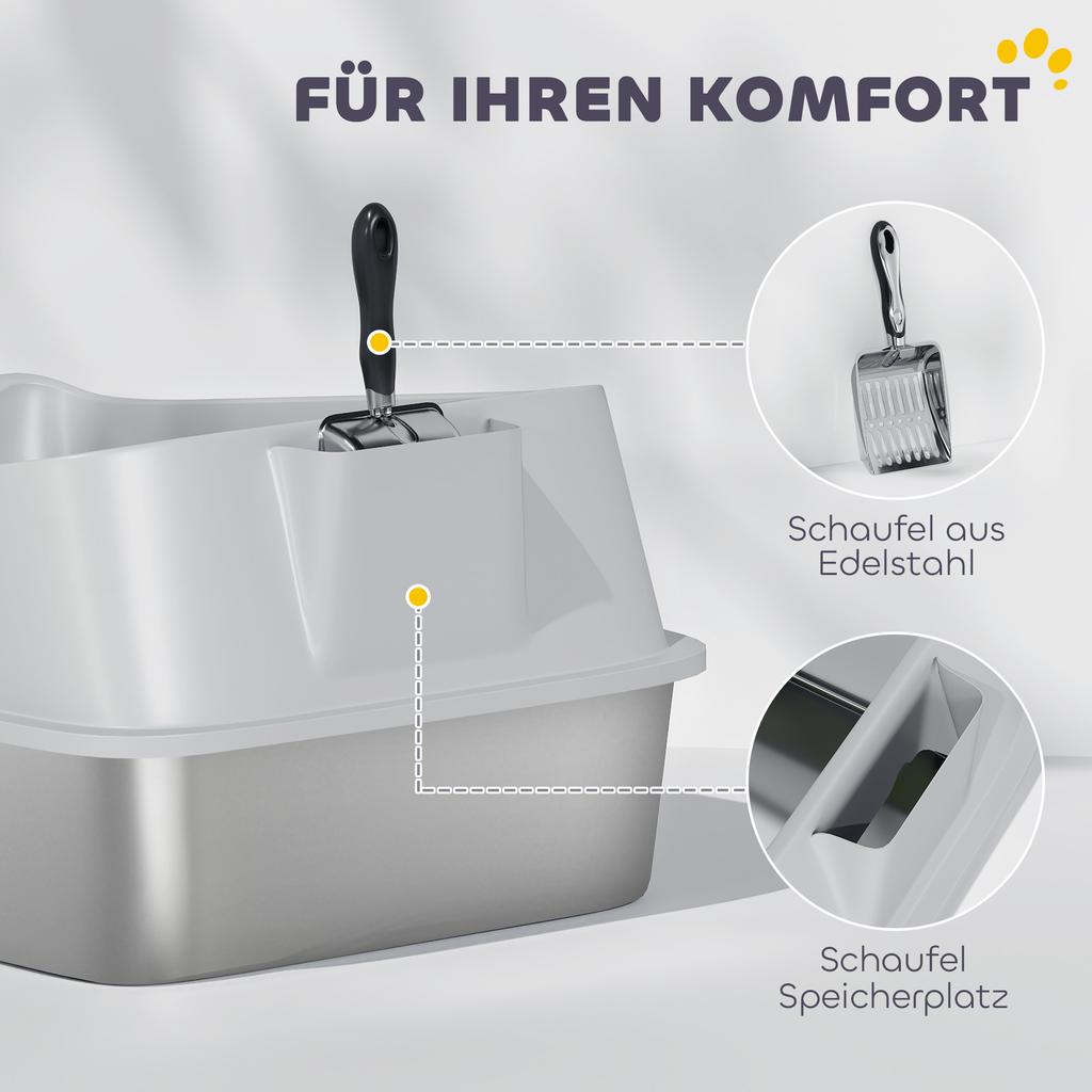 XXL Stainless Steel Cat Litter Box with High Sides, Metal Scoop, 70 x 50 x 30 cm