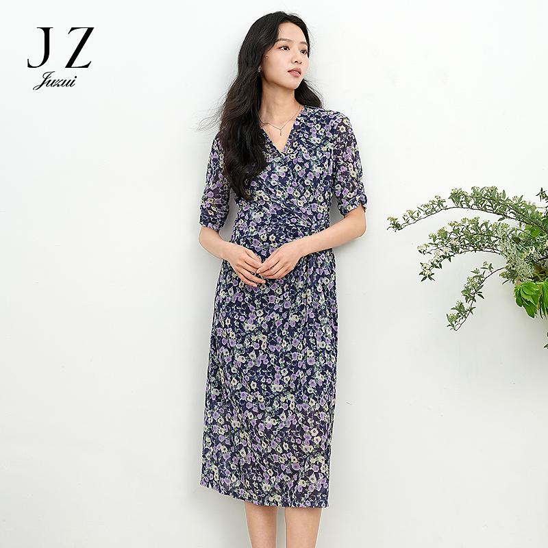 JUZUI Elegant Light Mature Wind Mesh Waist Floral Dress 2025 Summer New Style