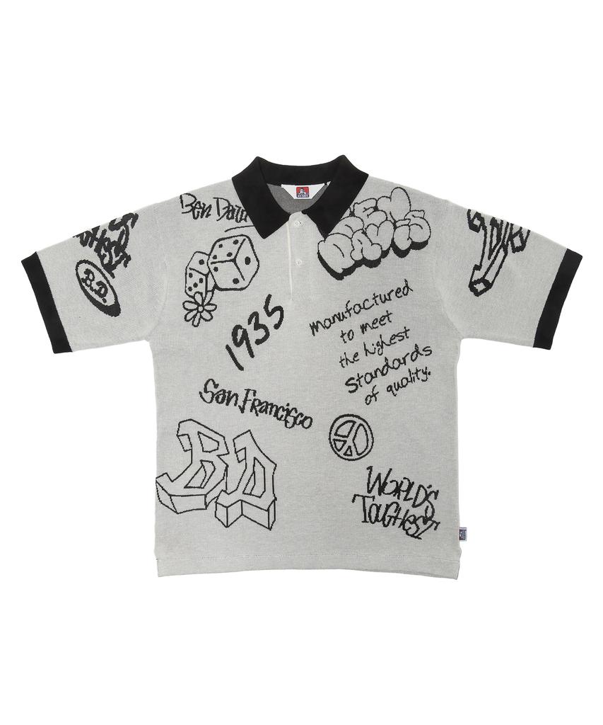 BEN DAVIS White Label Scribble Knit Polo Black