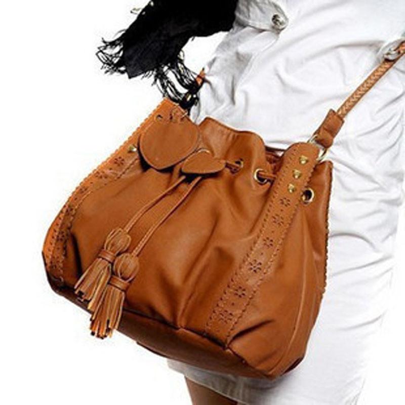 Elegant Women Bucket Shape Tassel Decorated Shoulder Cross Body Bag For Stylish Looks