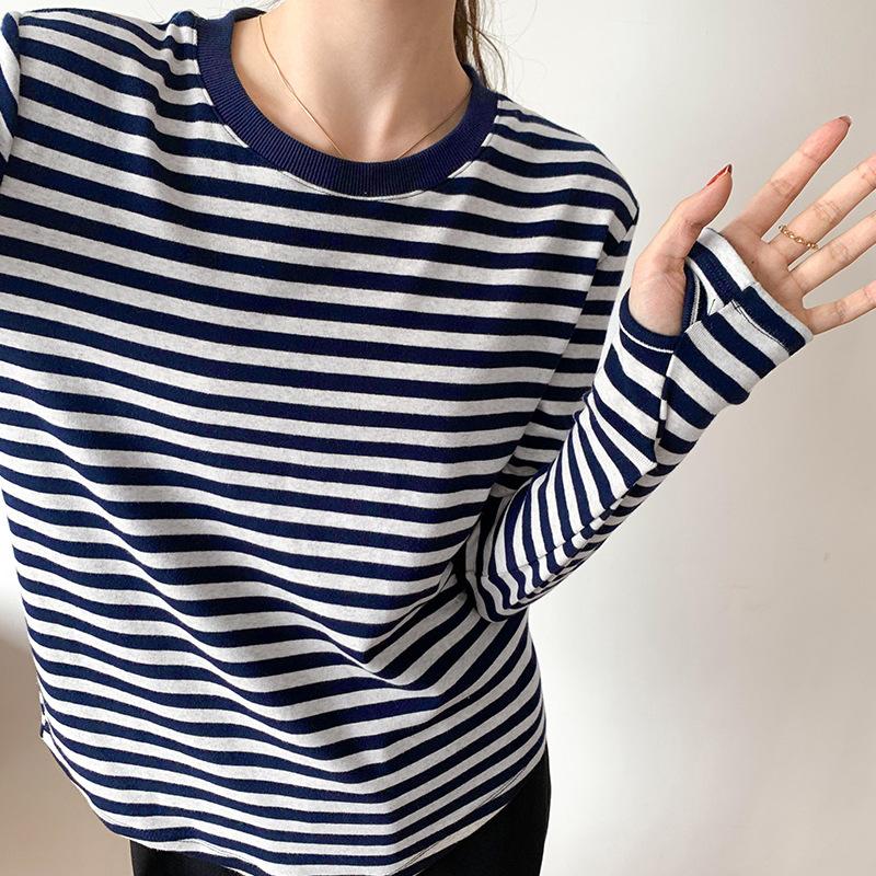 

Basic Striped T-shirt Women Multi Colors Casual Cotton Stretchy Long Sleeve Tops Spring Autumn Loose T Shirt XS синий
