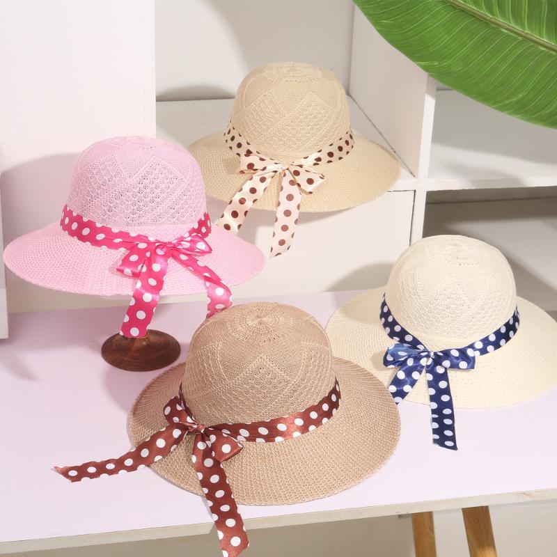Beige Wide Brim Straw Sun Hat Foldable Polka Dot Bow Ribbon UV Protection for Summer Pool Party Travel Use