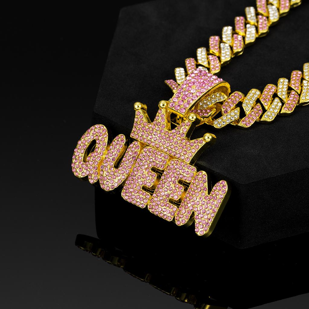 Couronne Rose Diamant pour Femme, Pendentif Lettre QUEEN, Collier Cubain Diamant Long Hip Hop Accessoire Féminin