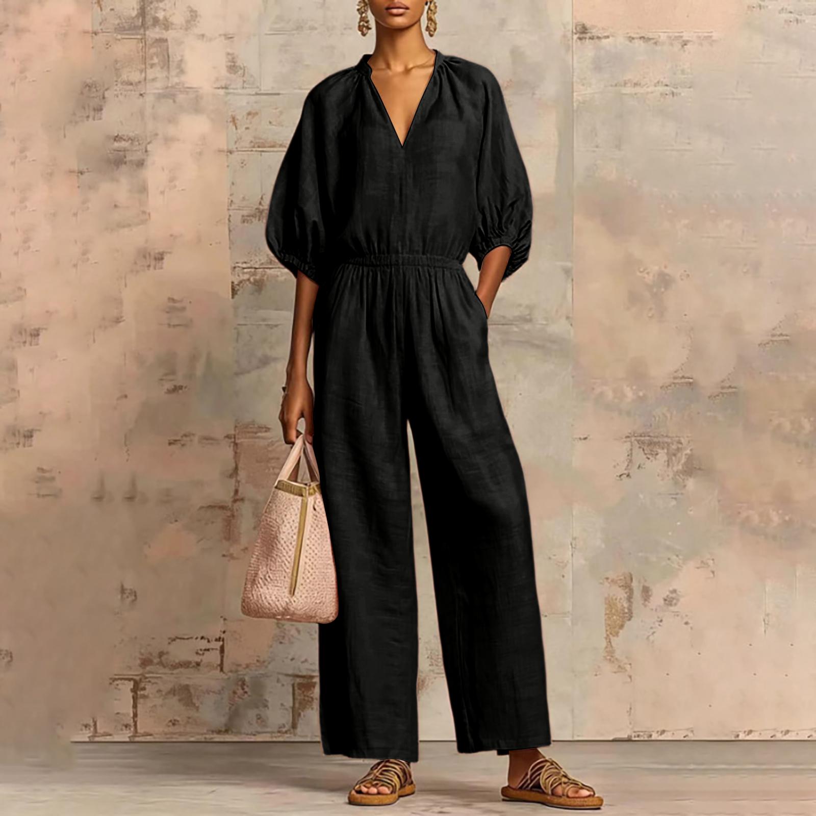 

Women’s Long Sleeve V Neck Jumpsuit with Elastic Waist Loose Fit Wide Leg Casual Romper for Everyday Wear XXL чёрный