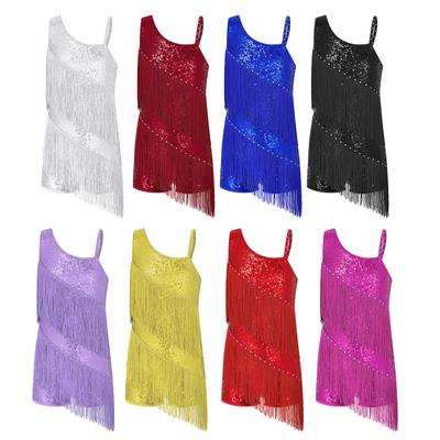 Girls Sleeveless Sequins Tassels Leotard Fringe Dress Latin Jazz Ballroom Dance Costume