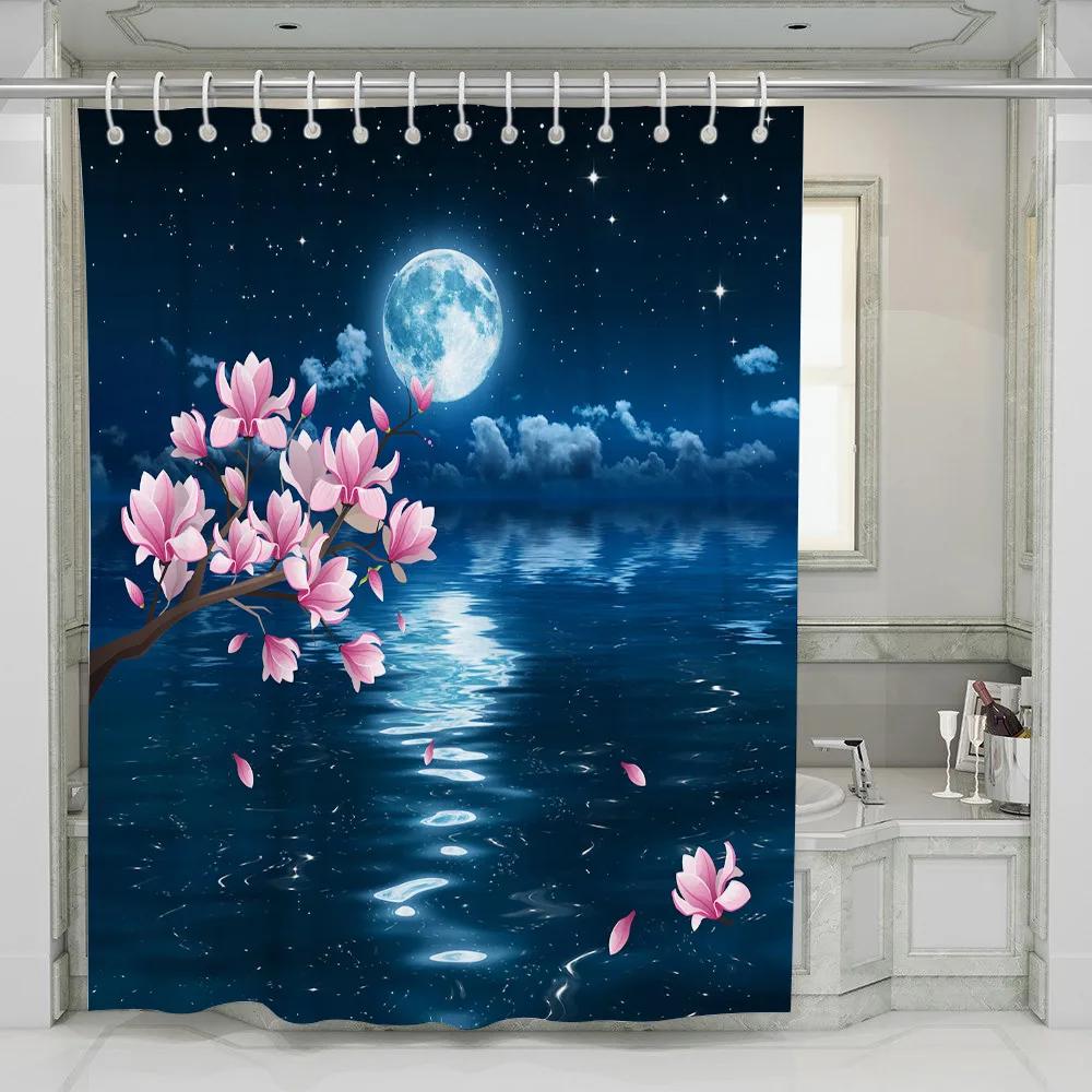 Full Moon Orchid On The Sea Landscape Shower Curtain Set Butterfly Marine Beach Turtle Wooden Board Background Bathroom Curtain