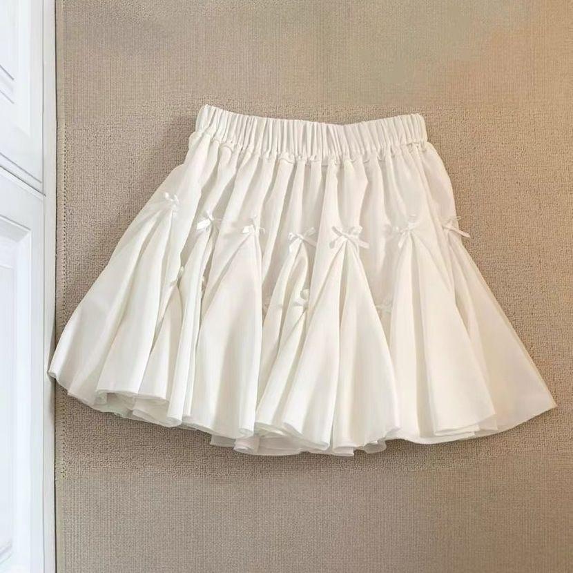 Elegant Ballet Style White Bow Skirt Women's Early Autumn Winter New High Waist A-line Cute Fluffy Flounced Cake Skirt