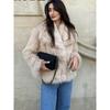 HH Women Fashion Cropped Faux Fur Jacket Coat Long Sleeve Front Snap-button Female Outerwear Chic Lapel Collar Thick Coat