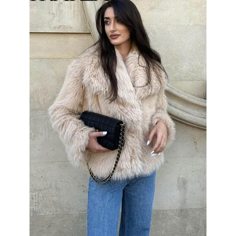 HH Women Fashion Cropped Faux Fur Jacket Coat Long Sleeve Front Snap-button Female Outerwear Chic Lapel Collar Thick Coat