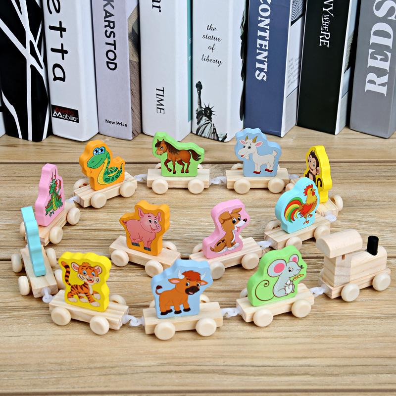 Children's Wooden Train with Numbers and Chinese Zodiac Signs