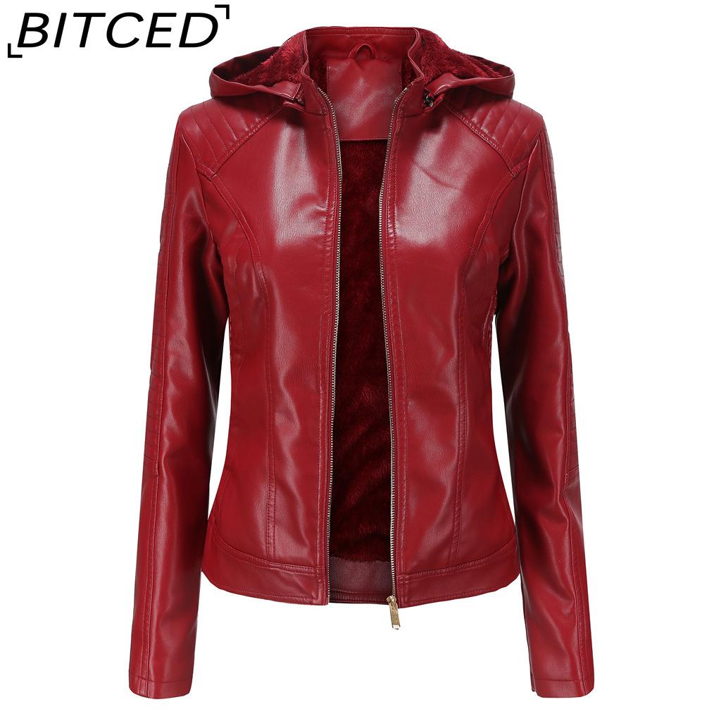 BITCED Plus Size Fleece-Lined Women's Leather Jacket with Hood Autumn/Winter Short Coat Warm Casual Jacket