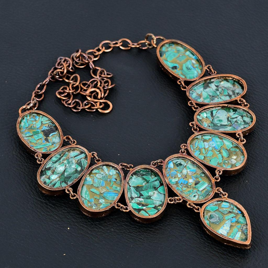 Copper Malachite Azurite Necklace Gemstone Jewelry, Copper Electroformed Necklace, Adjustable Handmade Chain Necklace Gift For Wife Jewelry