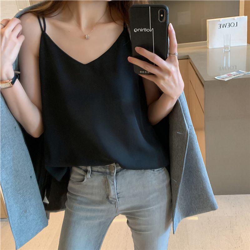 Plus-Size Women s Chiffon Camisole for Summer, Loose Fit, Slimming V-Neck Cross-Back Top 100kg Tank Top Black M