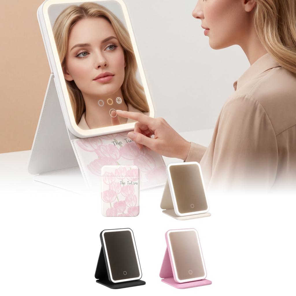 [Moonlight White] Three-Tone Lighting-PU Folding Mirror Daily Foldable Makeup Mirror Portable Simple Pocket Mirror