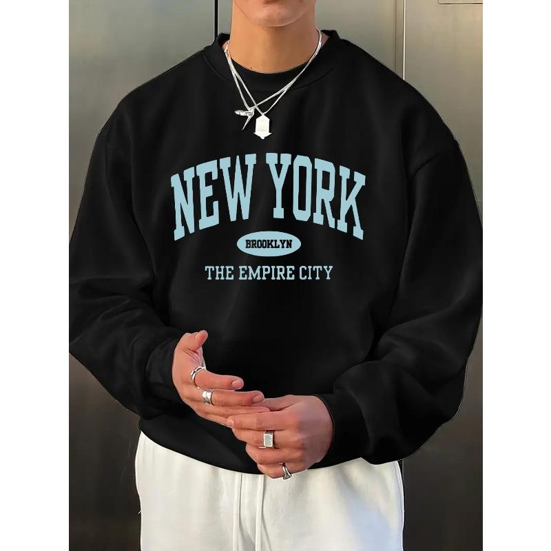 Men's Fashion Simple Crewneck Sweatshirt, New York Pattern Print, Great For Home Wear, Team Activities, Outings, Travel, Vacations